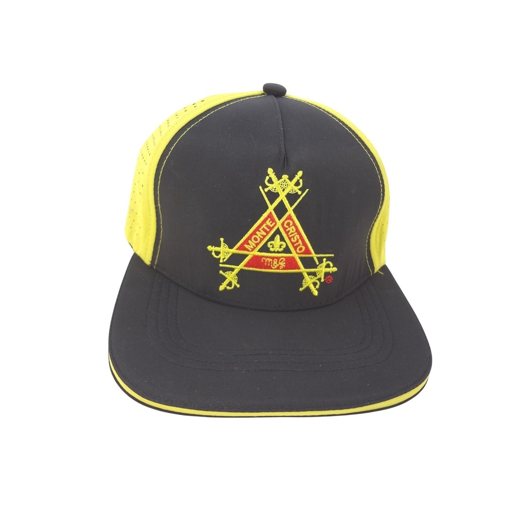 Monte Cristo Cigar Hat Black Yellow Perforated Strapback Baseball Cap